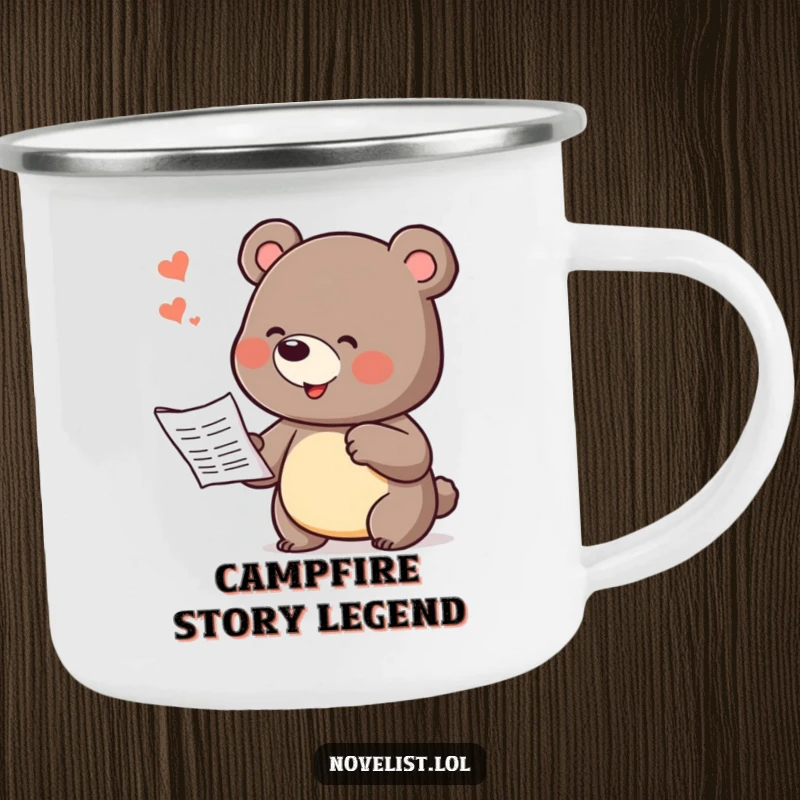 Funny camping mug featuring a bear character dramatically dictating a story, perfect for outdoor enthusiasts who love tales and hot drinks.