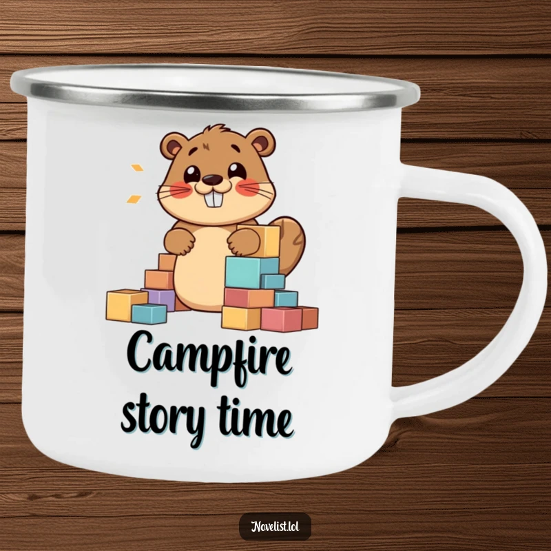 Funny camping mug with a jovial beaver constructing a story out of blocks, humming, perfect for enjoying drinks outdoors.