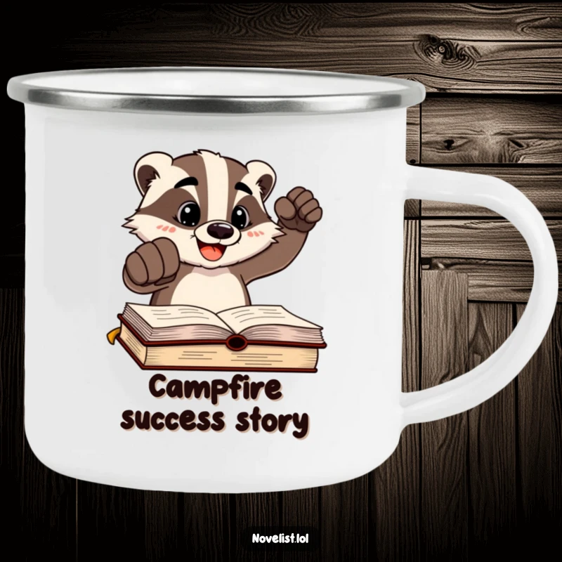 Funny cheerful badger character slamming a fist on a written page on a durable camping mug, ideal for celebrating outdoor writing.