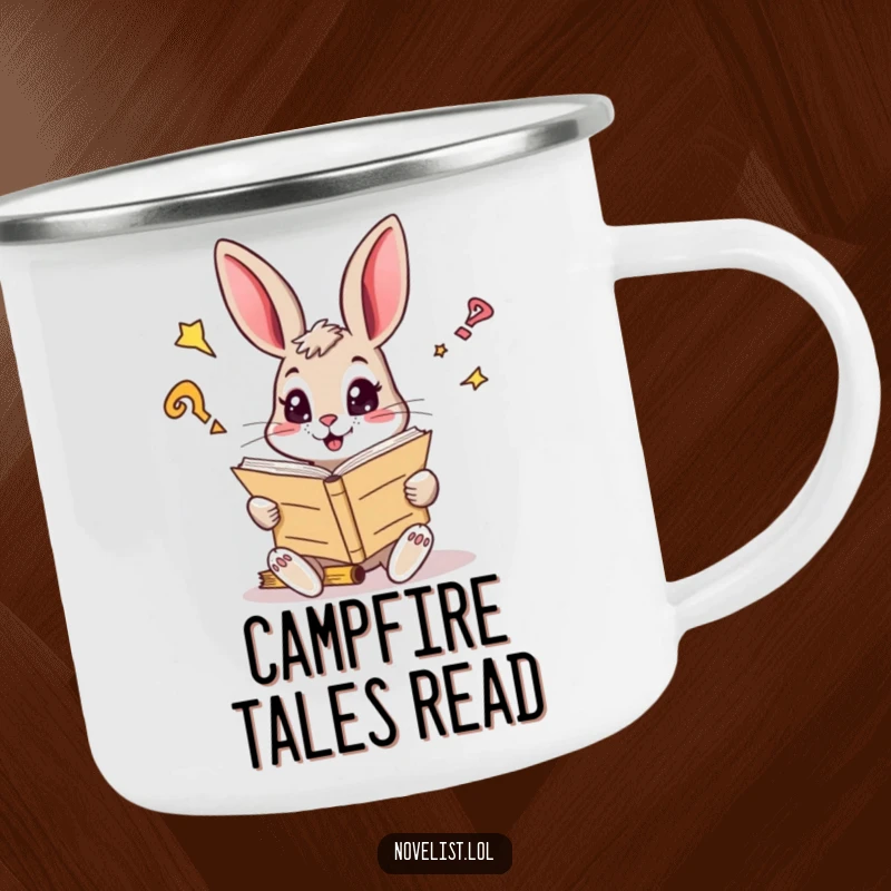 Funny camping mug with a curious rabbit reading a giant manuscript, eyes sparkling, perfect for an outdoor funny gift.