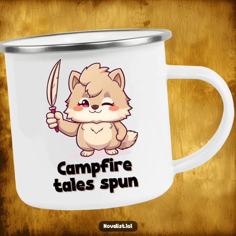 Funny camping mug with a confident furry character holding a quill pen, perfect for enjoying drinks and inspiration in nature.