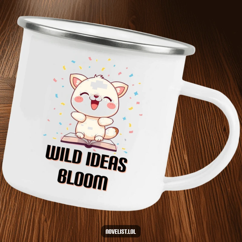 Funny camping mug with a delighted animal scattering book pages like confetti, ideal for outdoor enthusiasts with a love for reading.