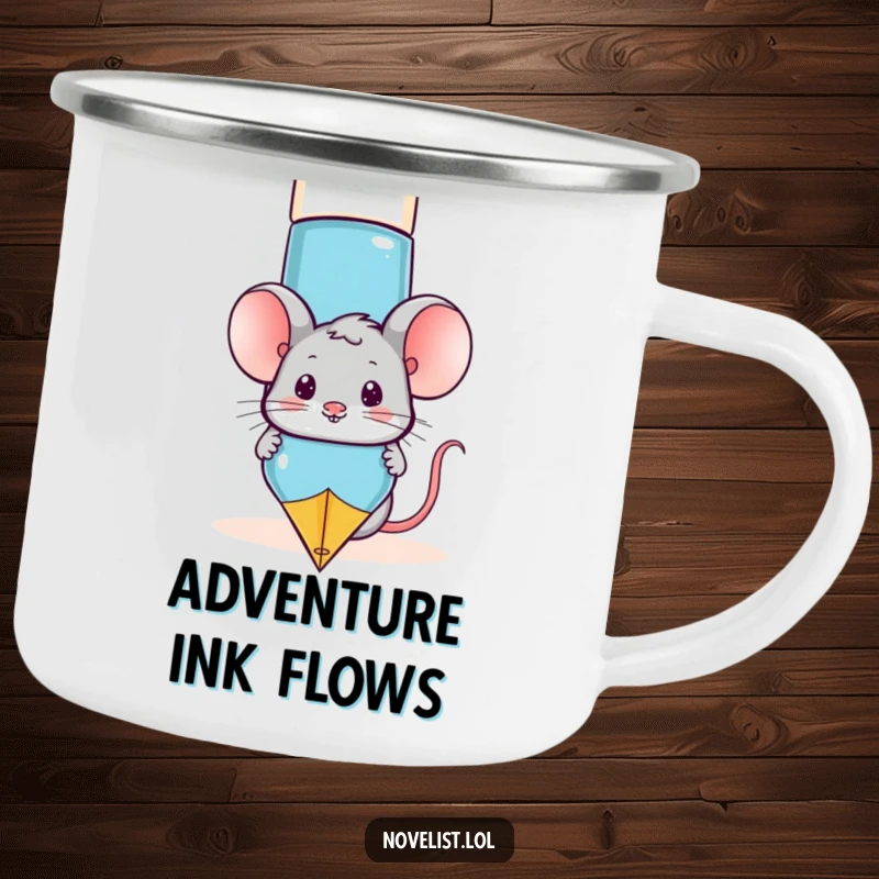 Funny mouse character peeking from behind a large fountain pen on a sturdy camping mug, perfect for outdoor humor.
