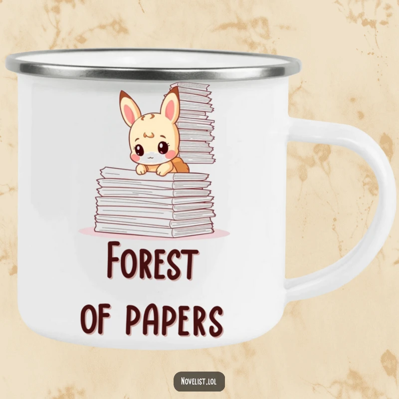 Funny camping mug with a tiny animal character buried under papers, symbolizing humorous study or work sessions outdoors.