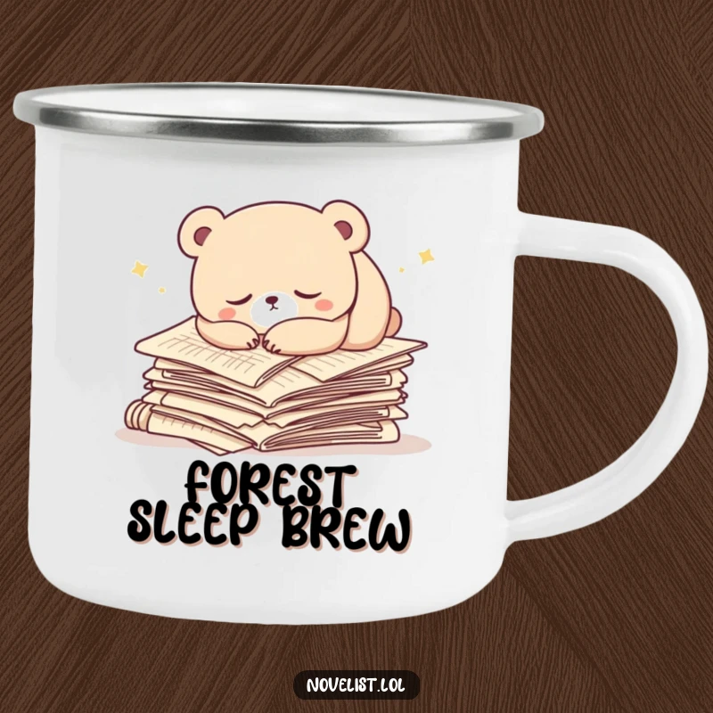 Funny camping mug with a sleepy bear character napping on manuscript papers. Rugged and humorous for outdoor relaxation.