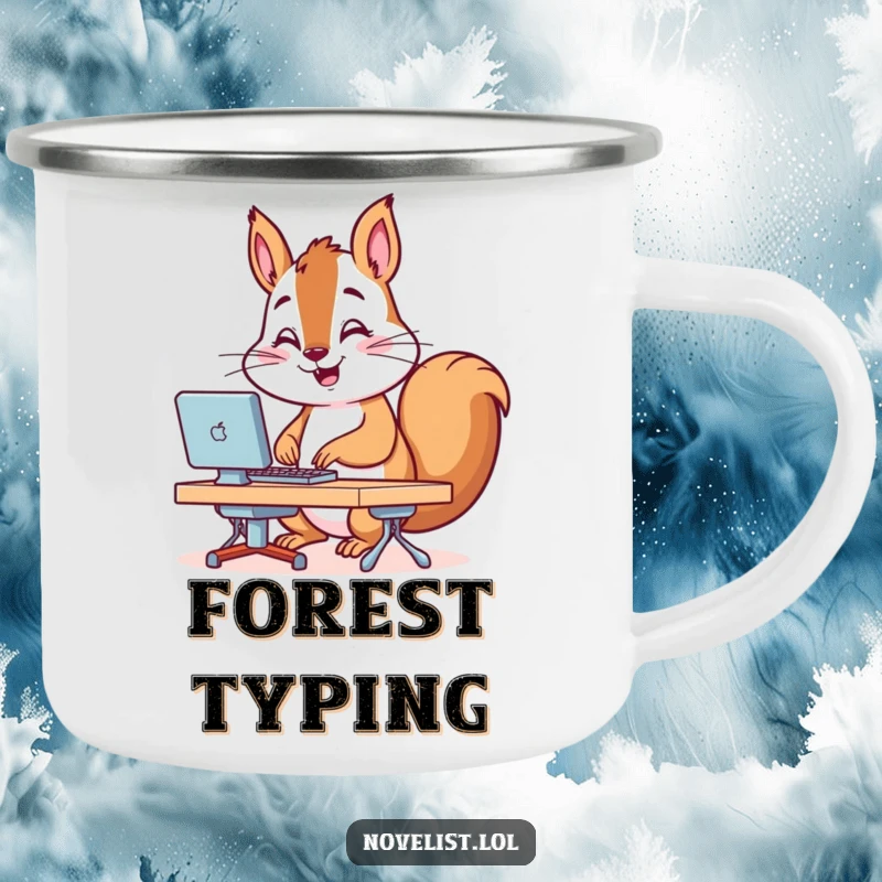 Funny Camping Mug featuring a squirrel typing rapidly on a tiny desk, designed for busy adventurers.