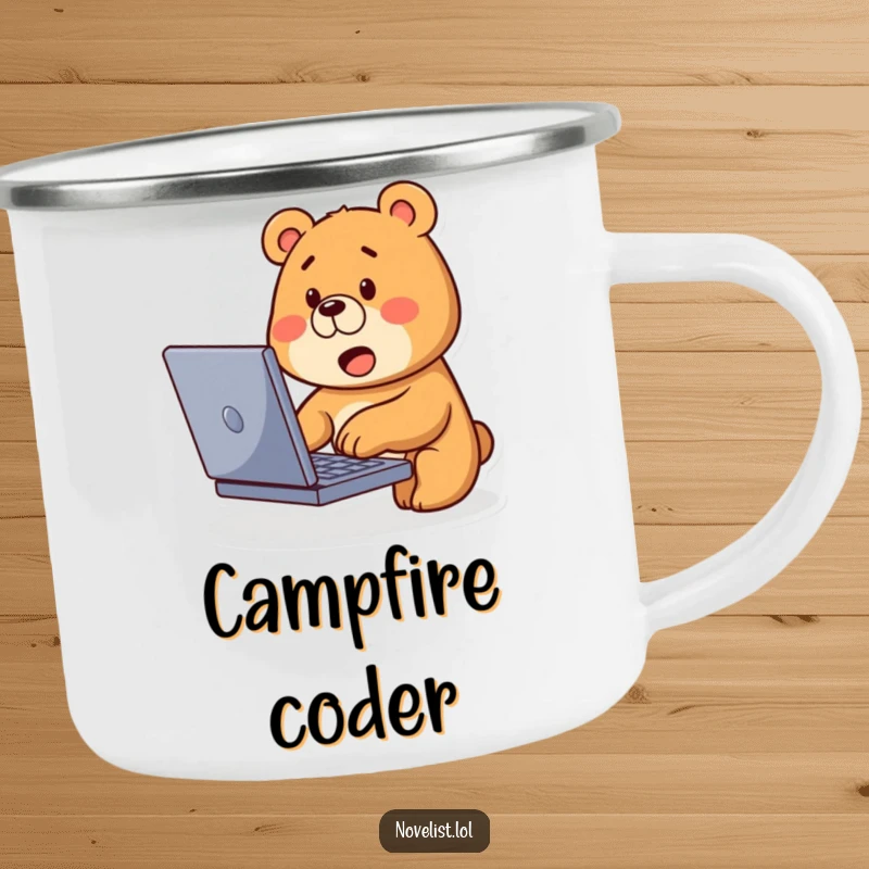 Funny Bear Typing Camping Mug: Cute bear types on laptop with curious expression, a rugged funny gift.