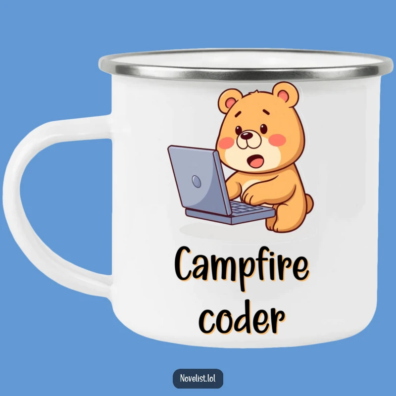 Funny Bear Typing Camping Mug: Techie Adventure Drinkware, Hilarious Gift
