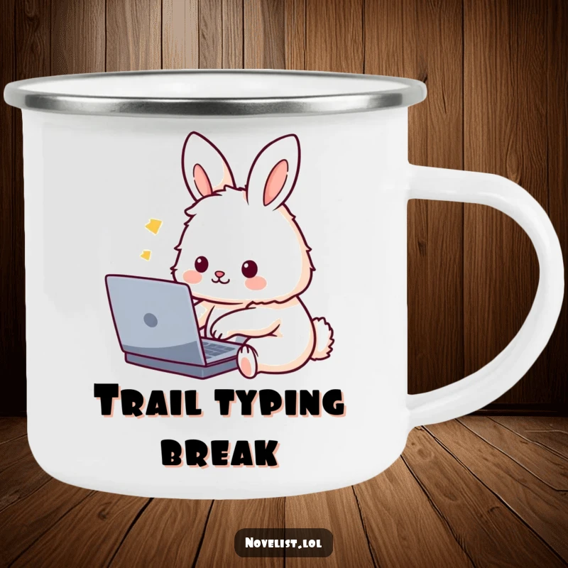 Funny Camping Mug: Cute rabbit character typing on a laptop, designed for adventure and offering a humorous, durable drinking experience.