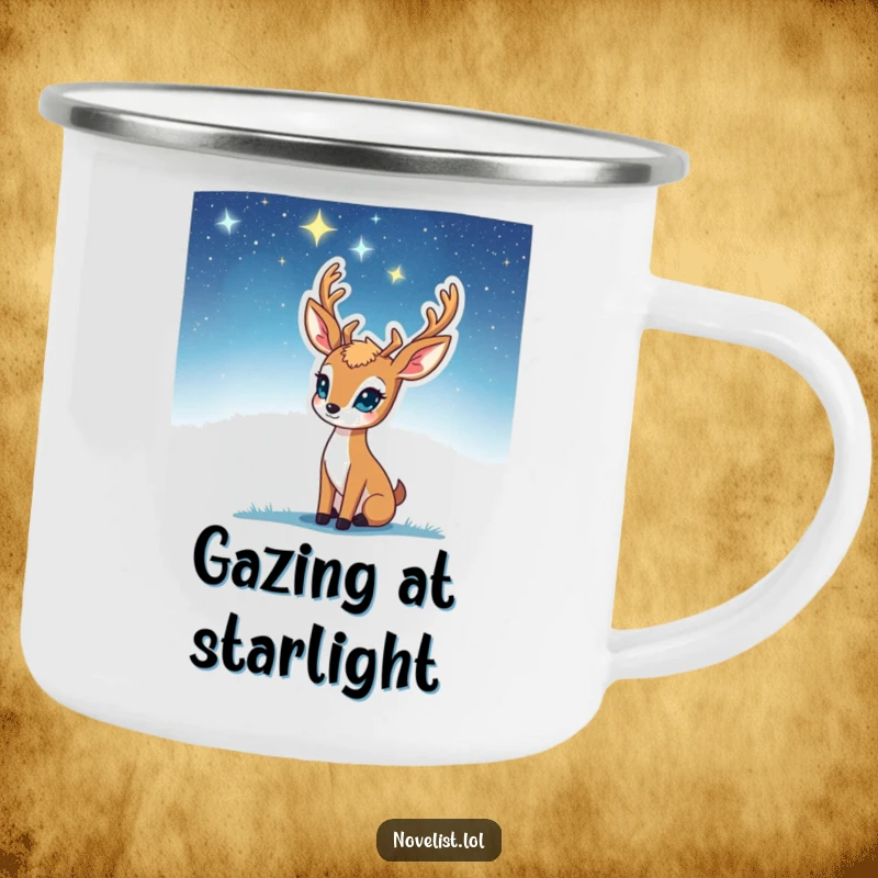 Funny Camping Mug: Deer gazing at stars, inspiration striking, perfect for outdoor reflection, a durable and funny gift.
