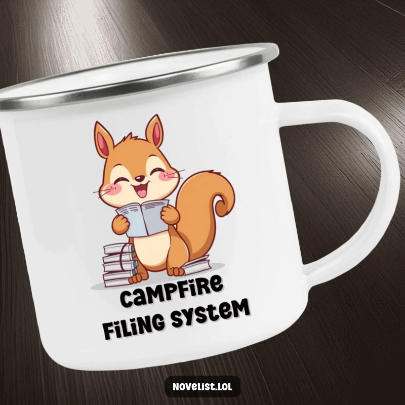 Funny Camping Mug: Diligent squirrel organizing papers, perfect for outdoor planning, a durable and funny gift.