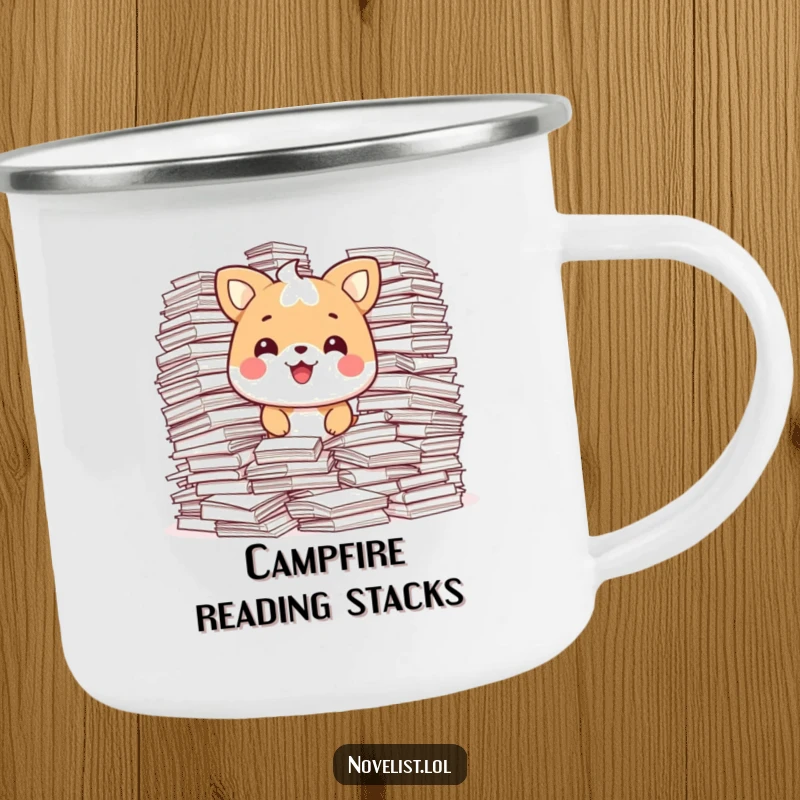 Funny Camping Mug showing a happy animal character surrounded by overflowing stacks of paper, looking pleased, perfect for outdoor work.