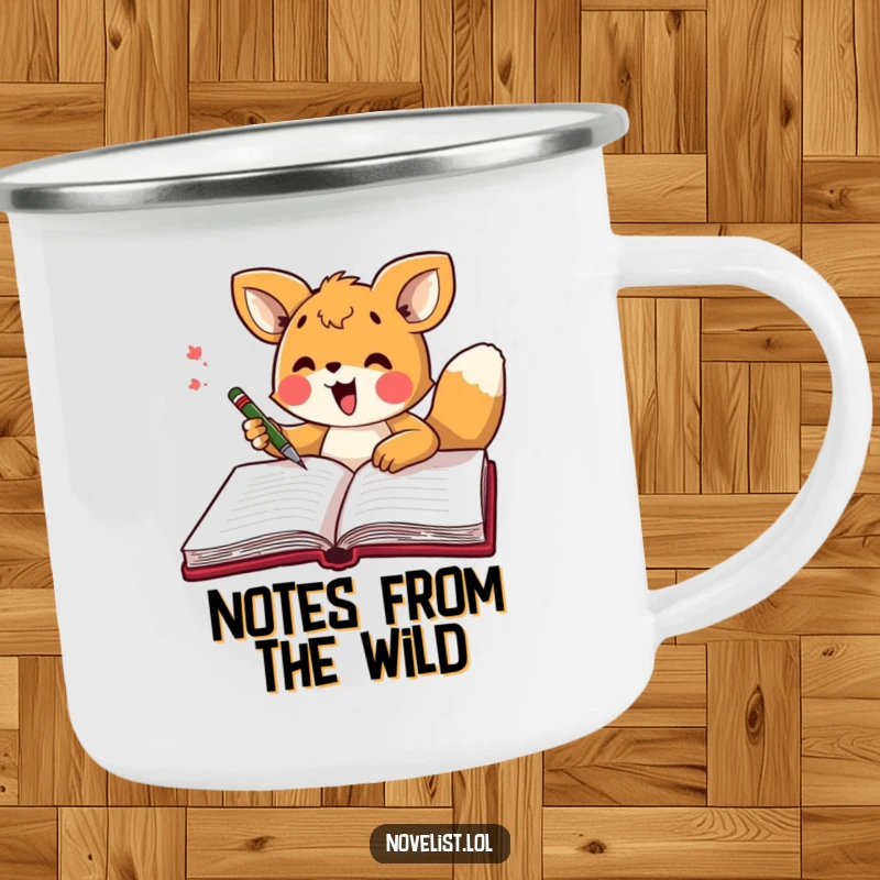 Funny camping mug with an excited animal character scribbling in a large open notebook, ready for creative inspiration.