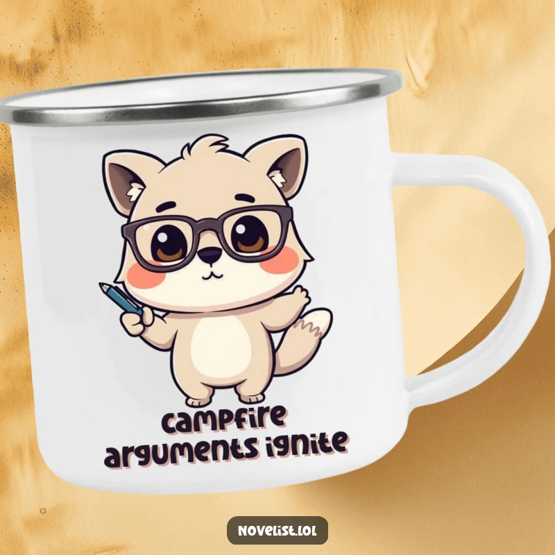 Funny Camping Mug showing a cute animal character with glasses, dramatically gesturing with a pen, perfect for outdoor talks.