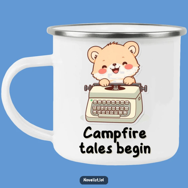 Funny Campfire Writer Mug: Fuzzy animal typing, perfect outdoor gift.