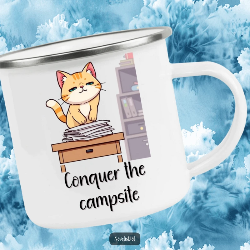 Funny enamel camping mug, determined cat jumping onto desk, papers, office humor, perfect for outdoor lovers and funny gift seekers.
