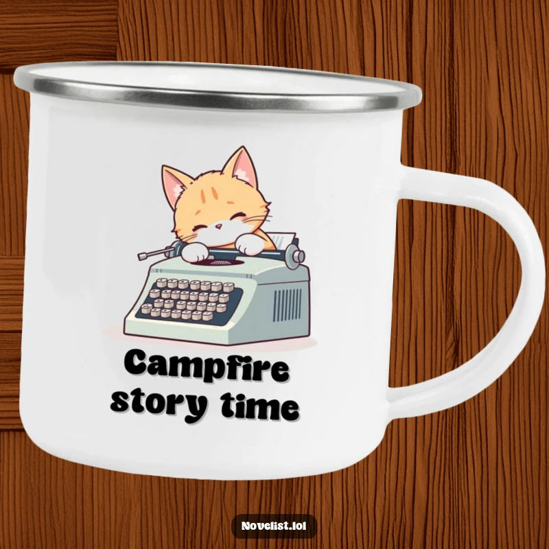 Funny camping mug with a cute cat enthusiastically typing on a vintage typewriter, tail wagging, perfect for outdoor coffee.