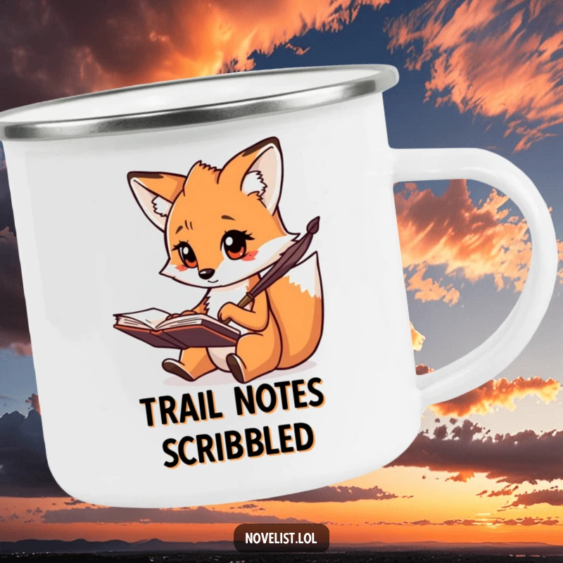 Funny camping mug with a creative fox focused on scribbling notes with a quill, perfect for an outdoor funny gift.