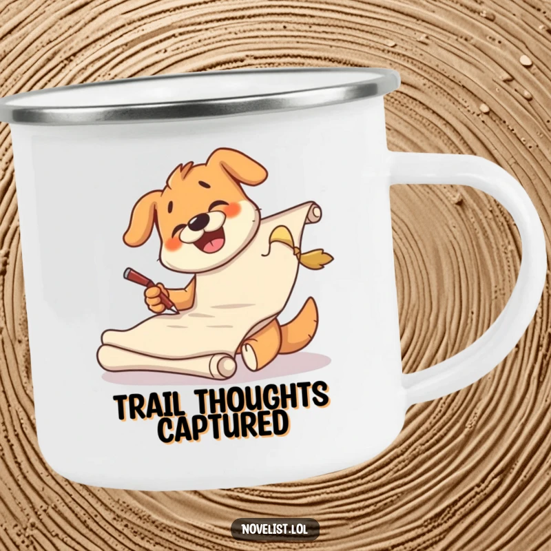 Funny dog camping mug featuring a giggling character scribbling furiously on a huge scroll during an outdoor adventure.