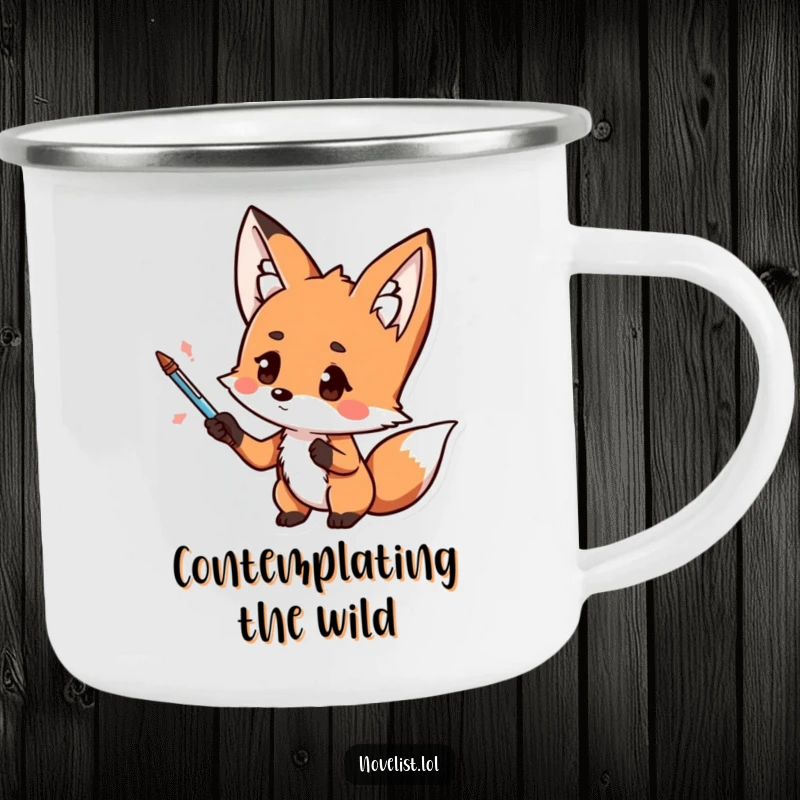 Funny enamel camping mug, kawaii fox with pen, dramatic pose, thoughtful expression, ideal for outdoor enthusiasts and funny gift lovers.