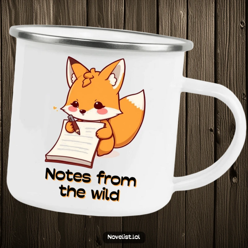 Funny determined fox character writing in a notebook on a durable camping mug, ideal for adventurous note-taking.