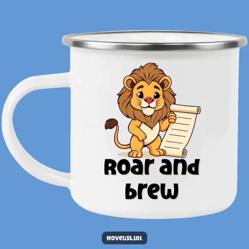 Funny Lion Camping Mug: Regal Manuscript, Adventure King, Great Funny Gift