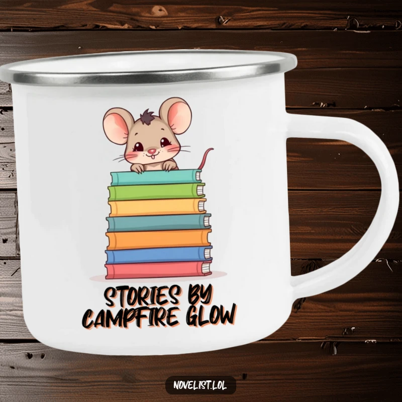 Funny camping mug with a mischievous mouse peeking over storybooks, perfect for outdoor enthusiasts and book lovers.