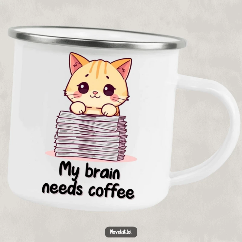Funny camping mug with a surprised pudgy cat character looking at a pile of papers, suitable for outdoor enthusiasts and cat fans.