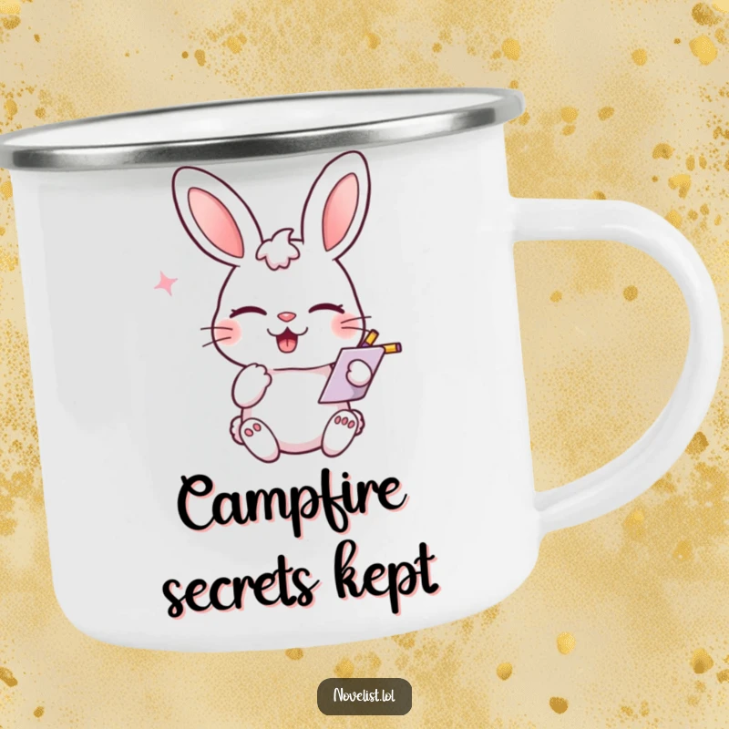 Funny enamel camping mug, winking rabbit scribbling notes, playful smirk, perfect for outdoor lovers and funny gift seekers.