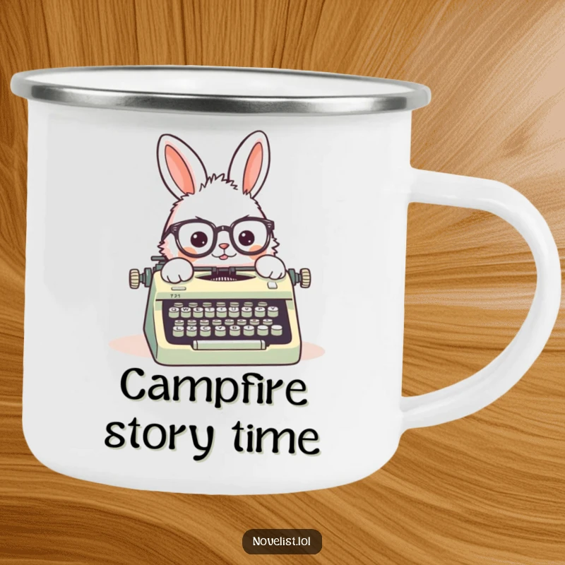 Funny camping mug with a fluffy rabbit wearing askew spectacles, typing on a vintage typewriter, durable and humorous for writers on the go.