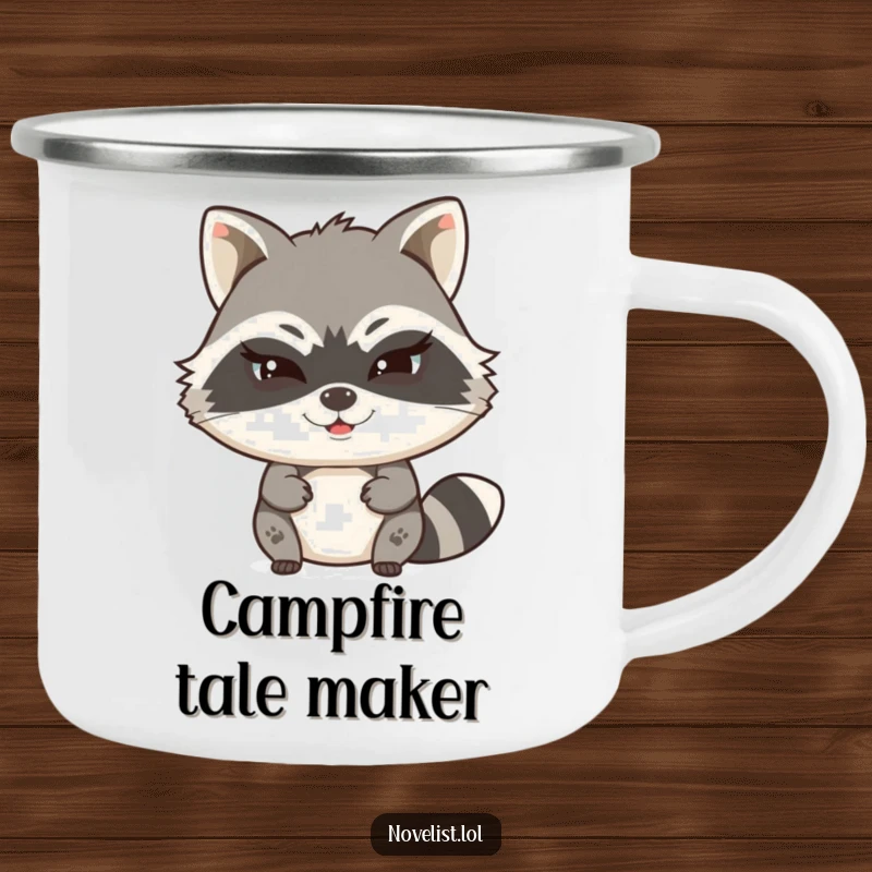 Funny camping mug with a witty raccoon character typing a secret story with a mischievous wink, ideal for enjoying drinks outdoors.