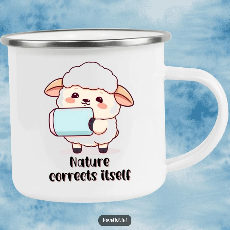 Funny camping mug featuring a sheep with a comically large eraser, humorously erasing a sentence, perfect for outdoor enthusiasts.