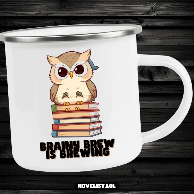 Funny wise owl character contemplating the wilderness on a durable camping mug, ideal for intellectual outdoor fun.