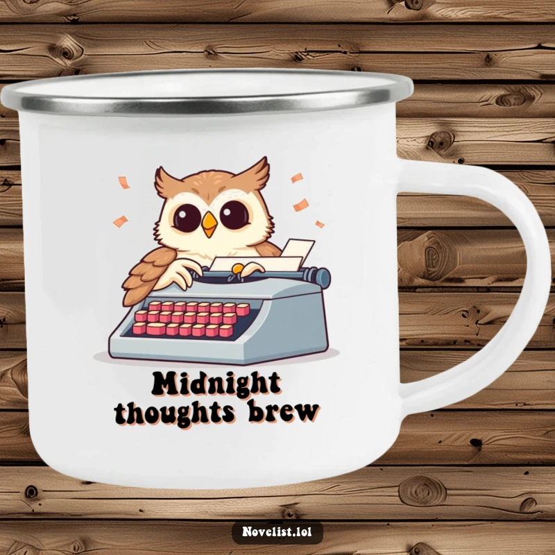 Funny camping mug with a wise owl pecking a typewriter, keys flying, perfect for an outdoor funny gift.