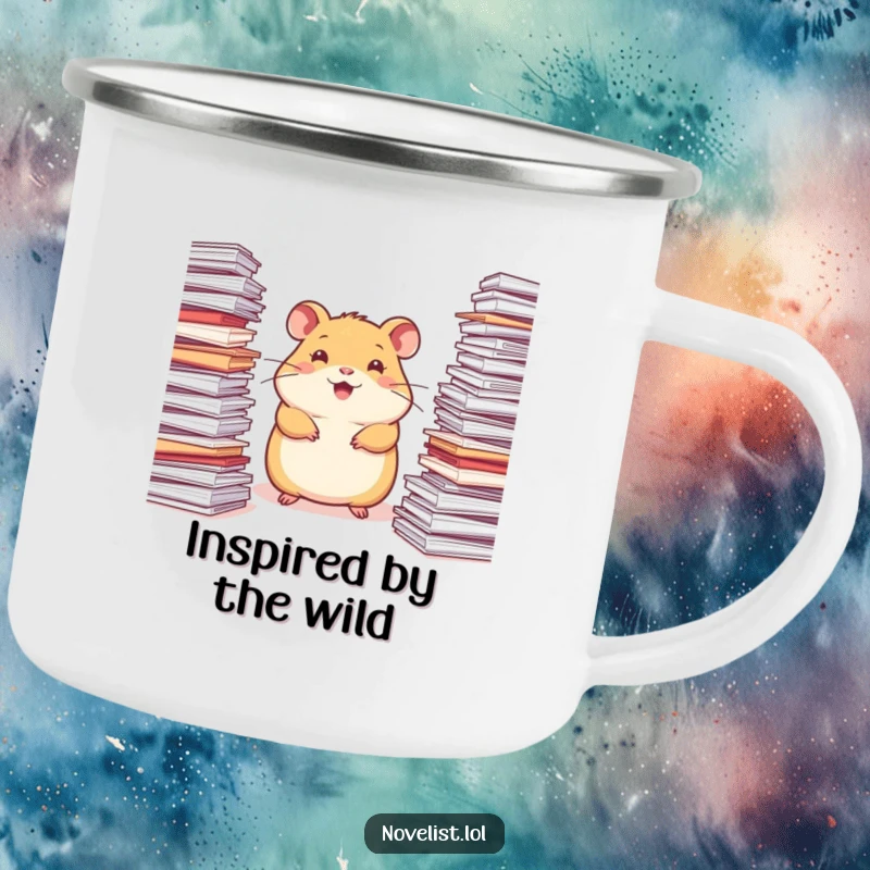 Funny Hamster Camping Mug: A happy hamster surrounded by stacks of paper, looking inspired, ready for outdoor creativity.