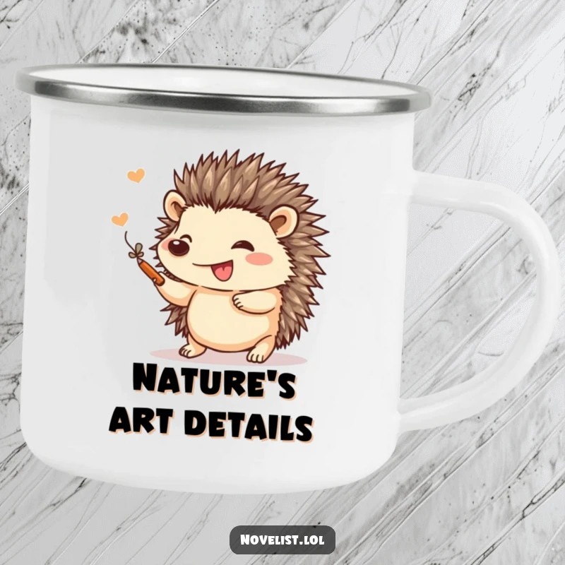 Funny camping mug featuring a small hedgehog gleefully adding a flourish to a drawing, perfect for artists on the go.