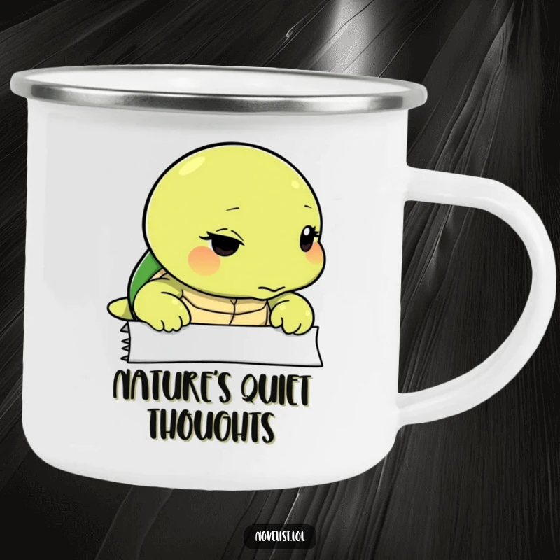 Funny camping mug with a thoughtful turtle looking intently at a blank page, perfect for outdoor contemplation.