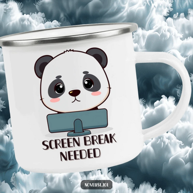 Funny panda character intently focused on a blinking cursor on a sturdy camping mug, perfect for outdoor tech humor.