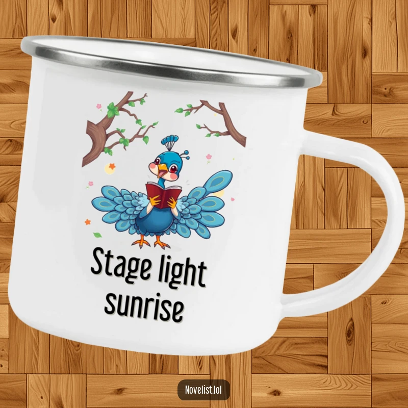 Funny camping mug with a dramatic peacock character acting out a scene from a novel, ideal for outdoor reading and sipping.