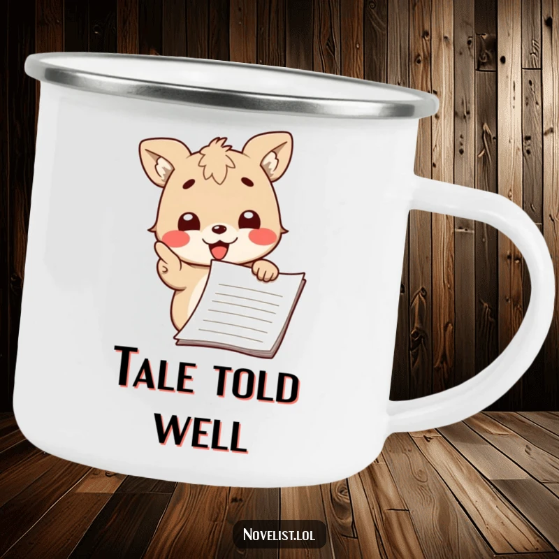 Funny camping mug with a cute animal character passionately pointing at a manuscript with a smile, ready for intellectual discourse.