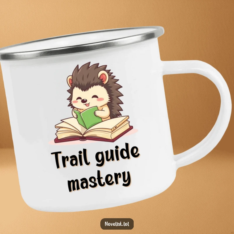 Funny camping mug with a small hedgehog character precisely organizing book pages, perfect for organized outdoor activities.