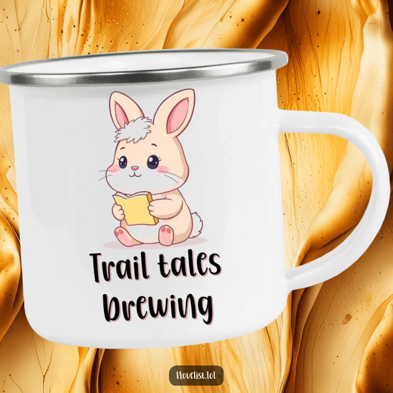 Funny Bunny Camping Mug: A thoughtful bunny holding a tiny manuscript, ready for outdoor contemplation and creativity.
