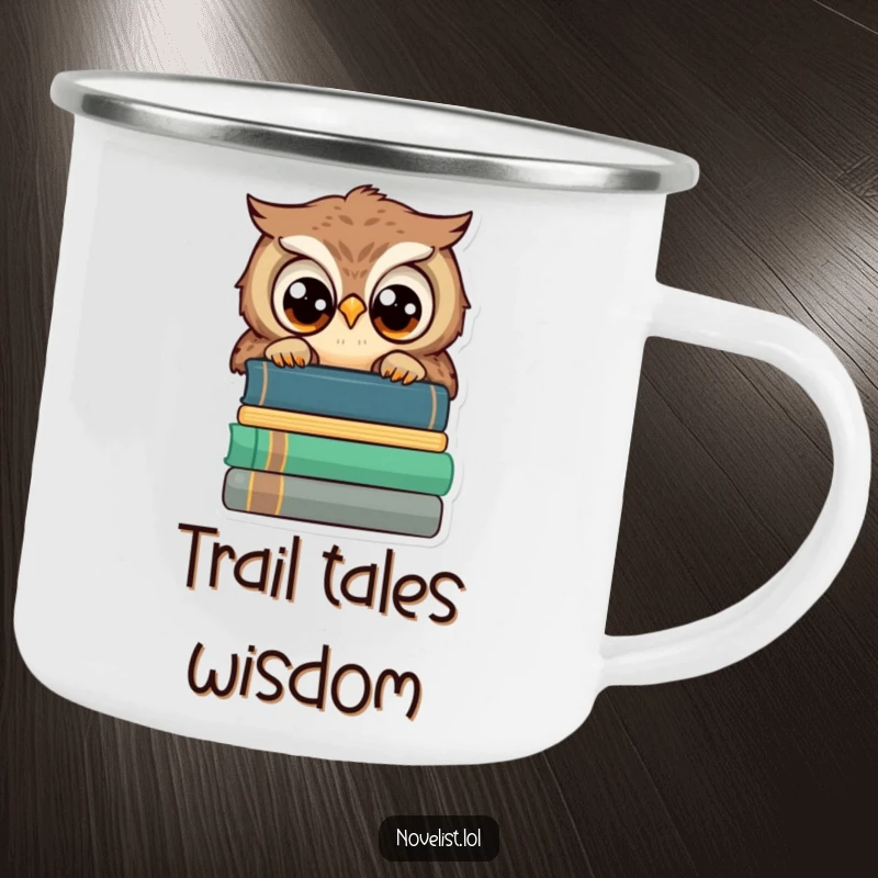Funny enamel camping mug, wise owl peeking over books, wide eyes, perfect for outdoor lovers and funny gift seekers.