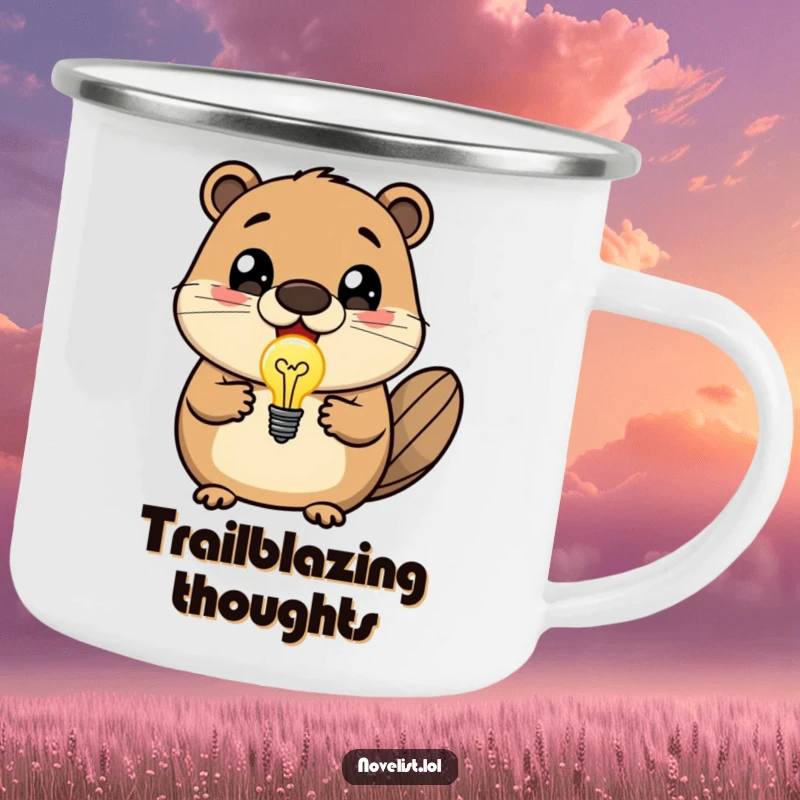 Funny camping mug with a delighted beaver holding a bright lightbulb, perfect for outdoor inspiration and hot beverages.