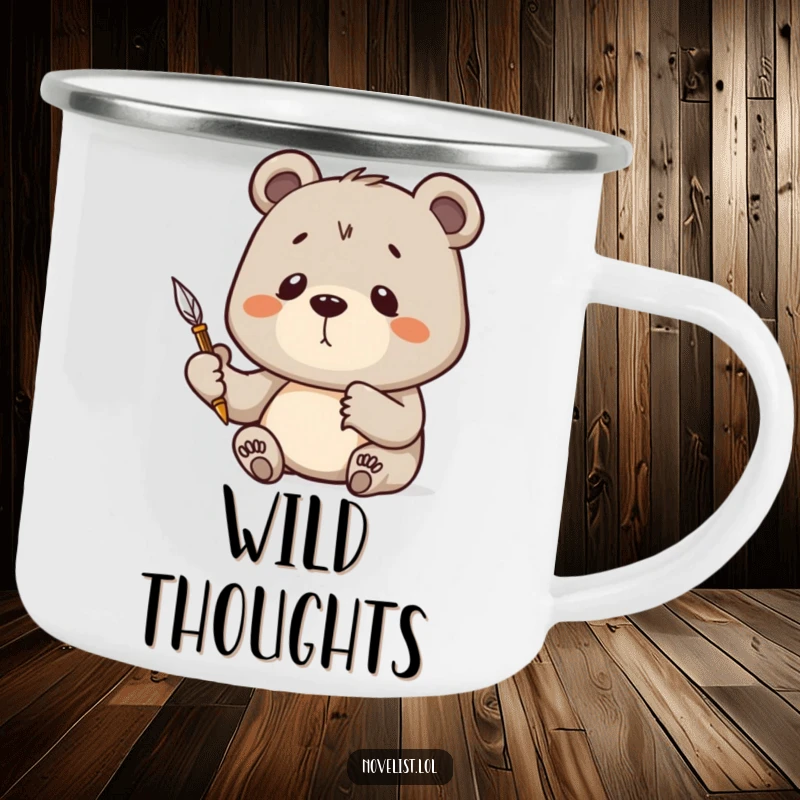 Funny Camping Mug featuring a bear holding a quill pen, deep in thought, designed for outdoor creativity.