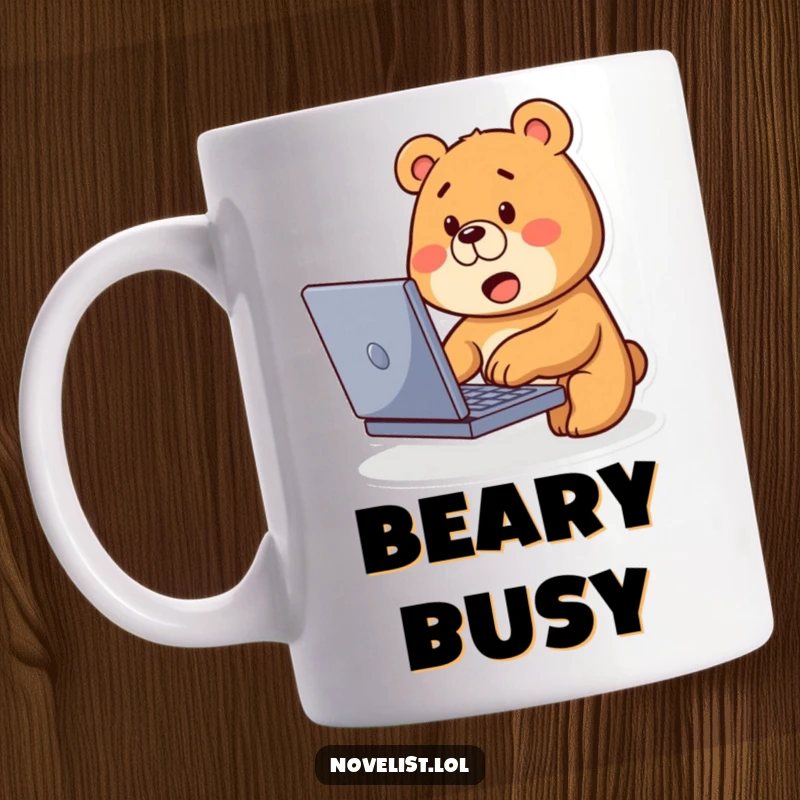 Funny Bear Typing Mug: Cute bear excitedly types on laptop with a curious expression, a humorous tech gift.