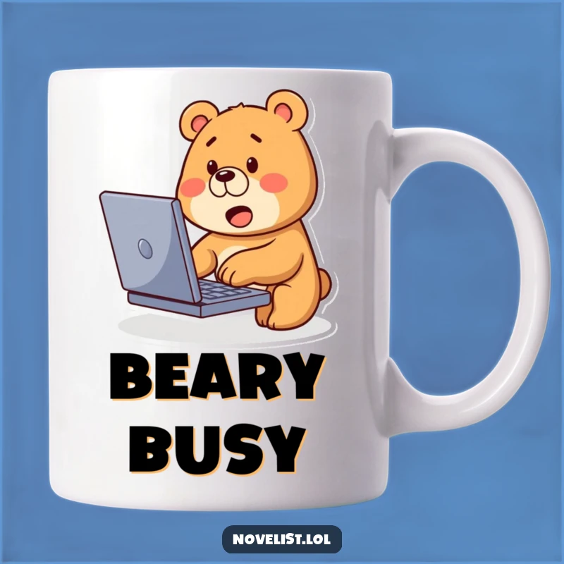 Funny Bear Typing Mug: Cute Character at Laptop, Hilarious Gift for Techies