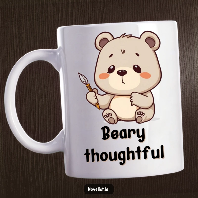 Funny Mug showing a serious bear holding a quill pen aloft, deep in profound thought, contemplating its next great idea.