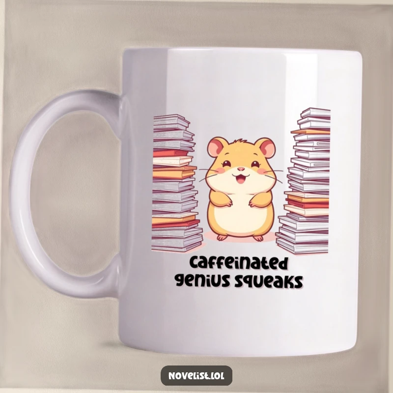 Funny Hamster Mug: A happy hamster surrounded by stacks of paper, looking inspired and full of ideas.