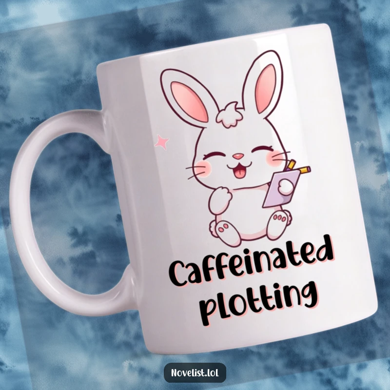 Funny rabbit mug, winking, playfully scribbling notes, with a smirk, ideal for note-takers and funny gift lovers.